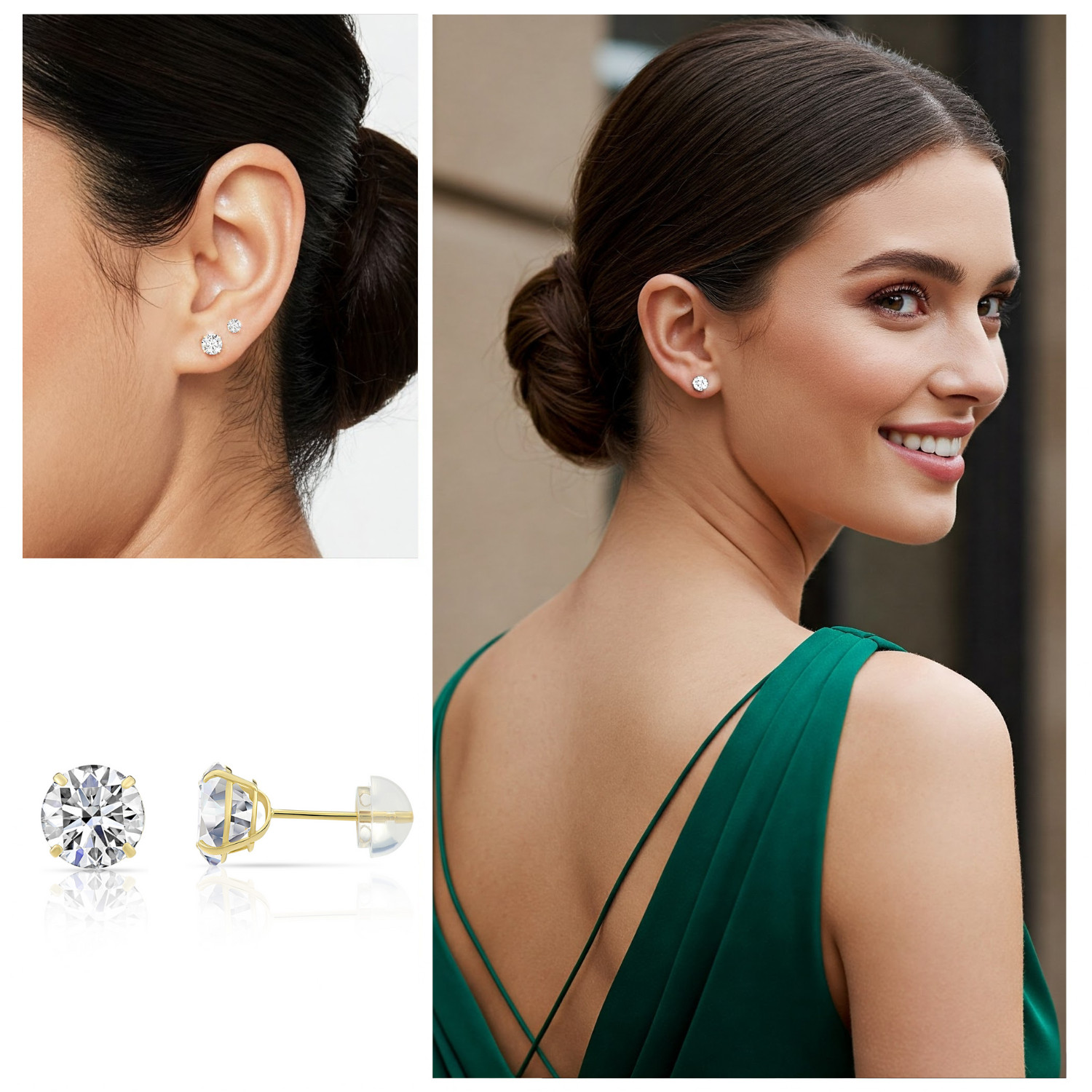 14K Real Solid Gold Solitaire Round CZ Sleeper Studs Earrings Silicone Push-back