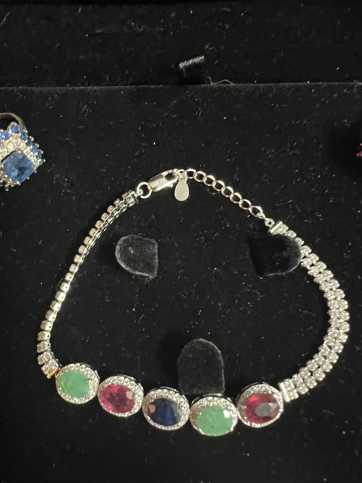 Cocktail Party Sterling Silver Red Green Blue Earring Necklace B/Rings Set Women