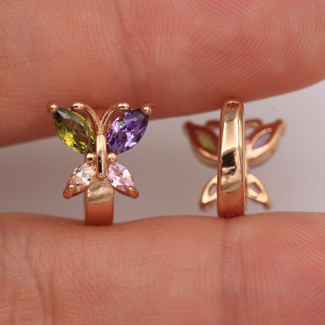 New 18K Yellow Gold Filled Multicolor Marquis CZ Butterfly Huggie Hoop Earrings