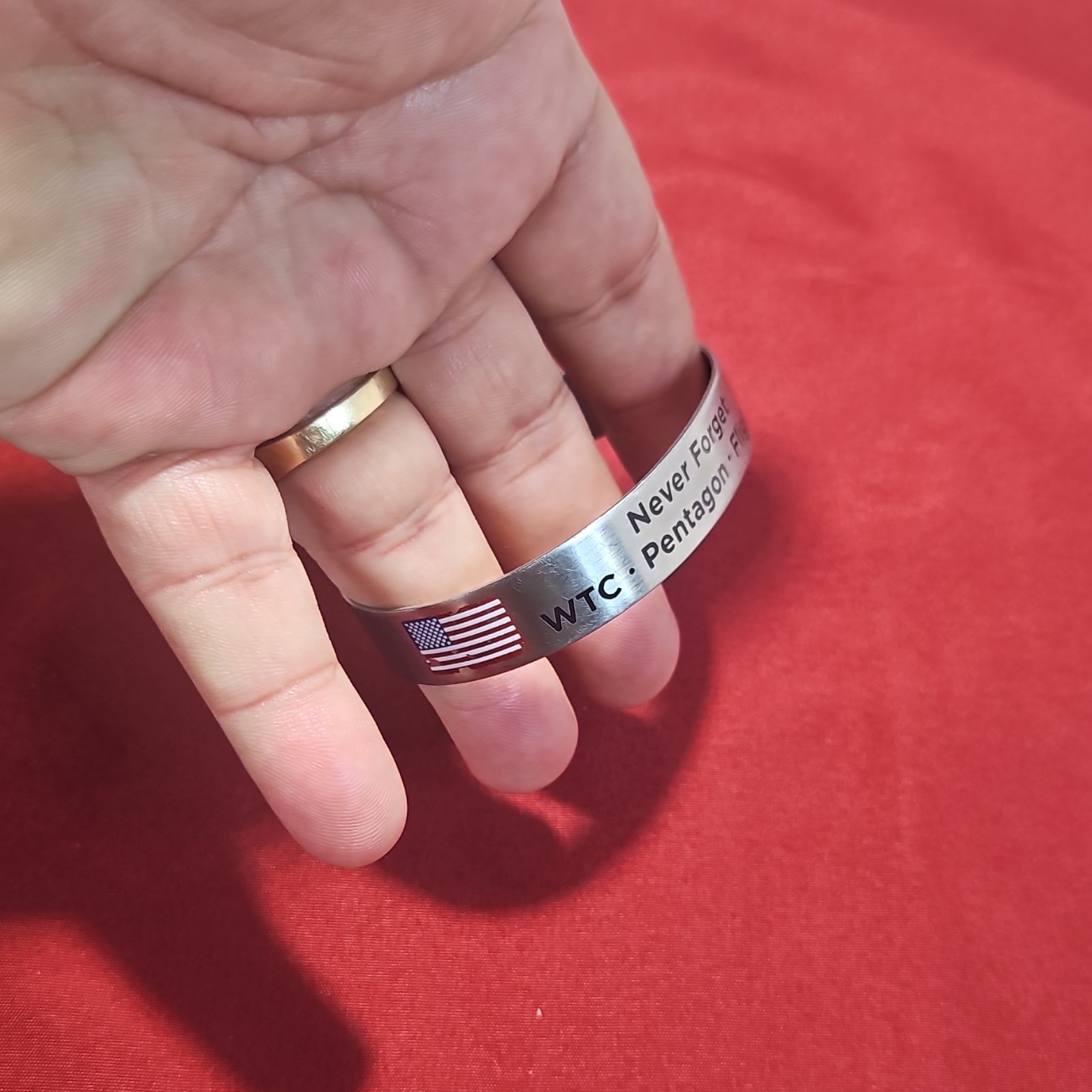 Silver Tone Engraved Cuff Bracelet, 9/11 Memorial Never Forget WTC Flight 93