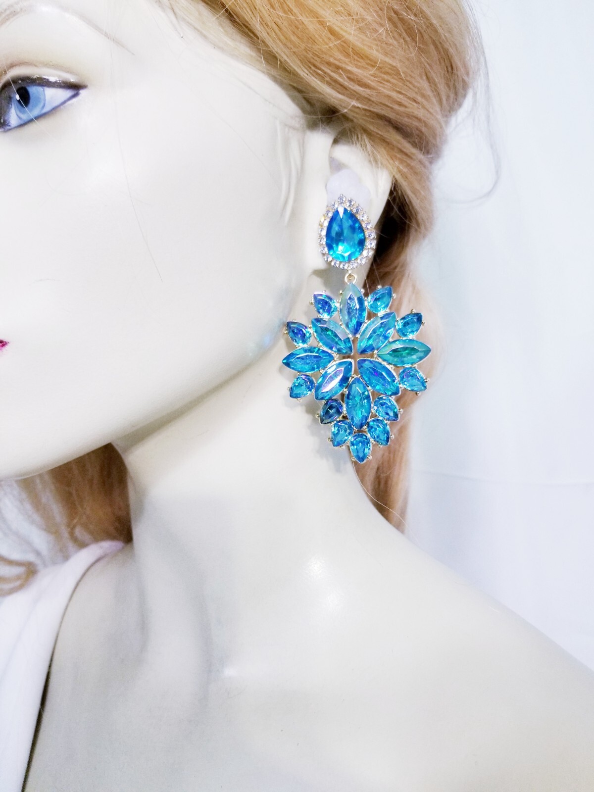 Aqua Crystal Bridesmaid Rhinestone Chandelier Drop Earrings 3.6 inch Jewelry