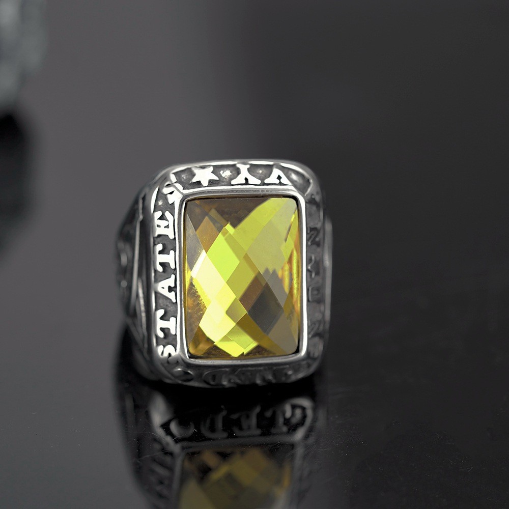 United States Navy Ring Hip-Hop Stainless Steel Double Gun Yellow Gemstone Ring
