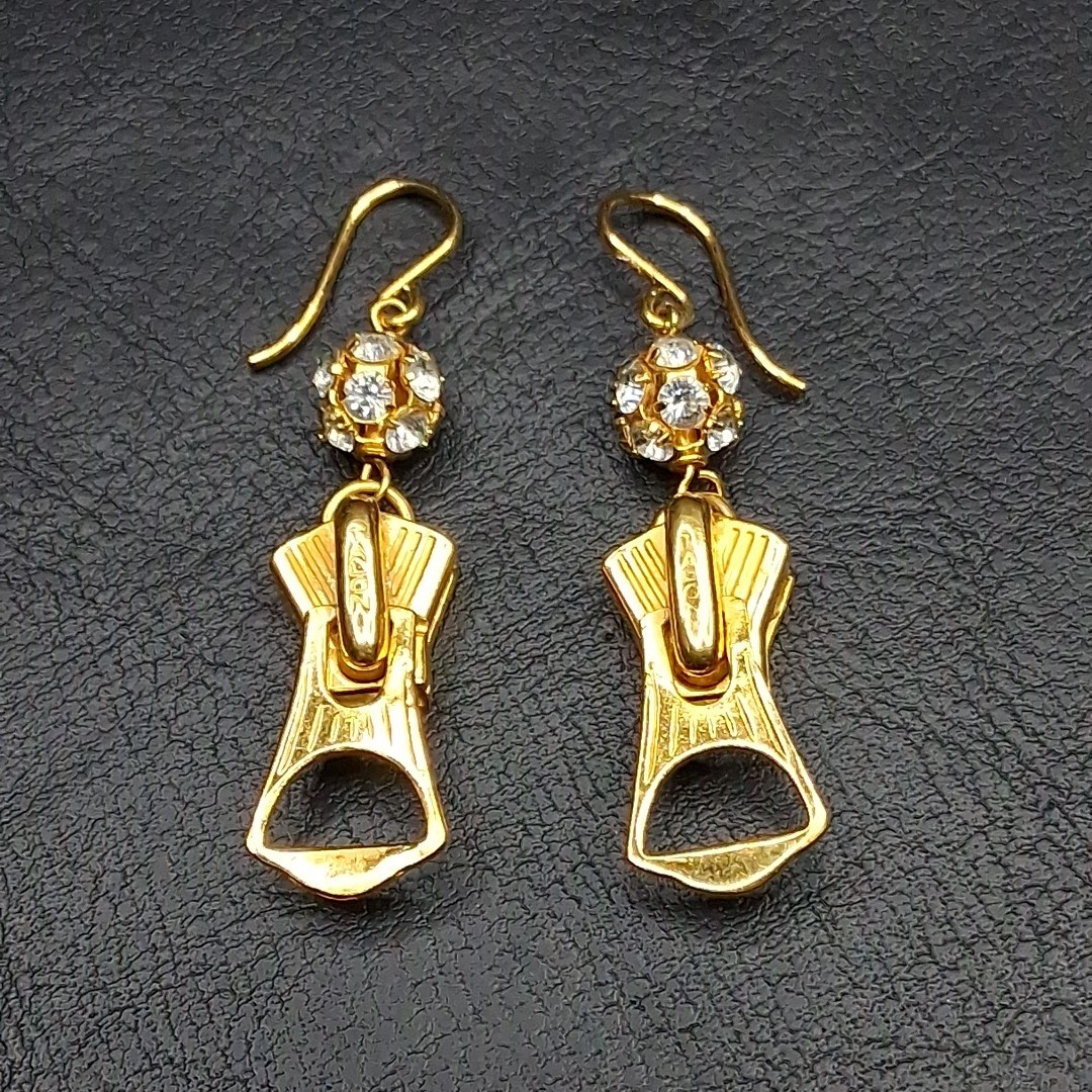 TALON Zipper Pierced Dangle Earrings Whit Rhinestone Ball Gold Tone. 16.934