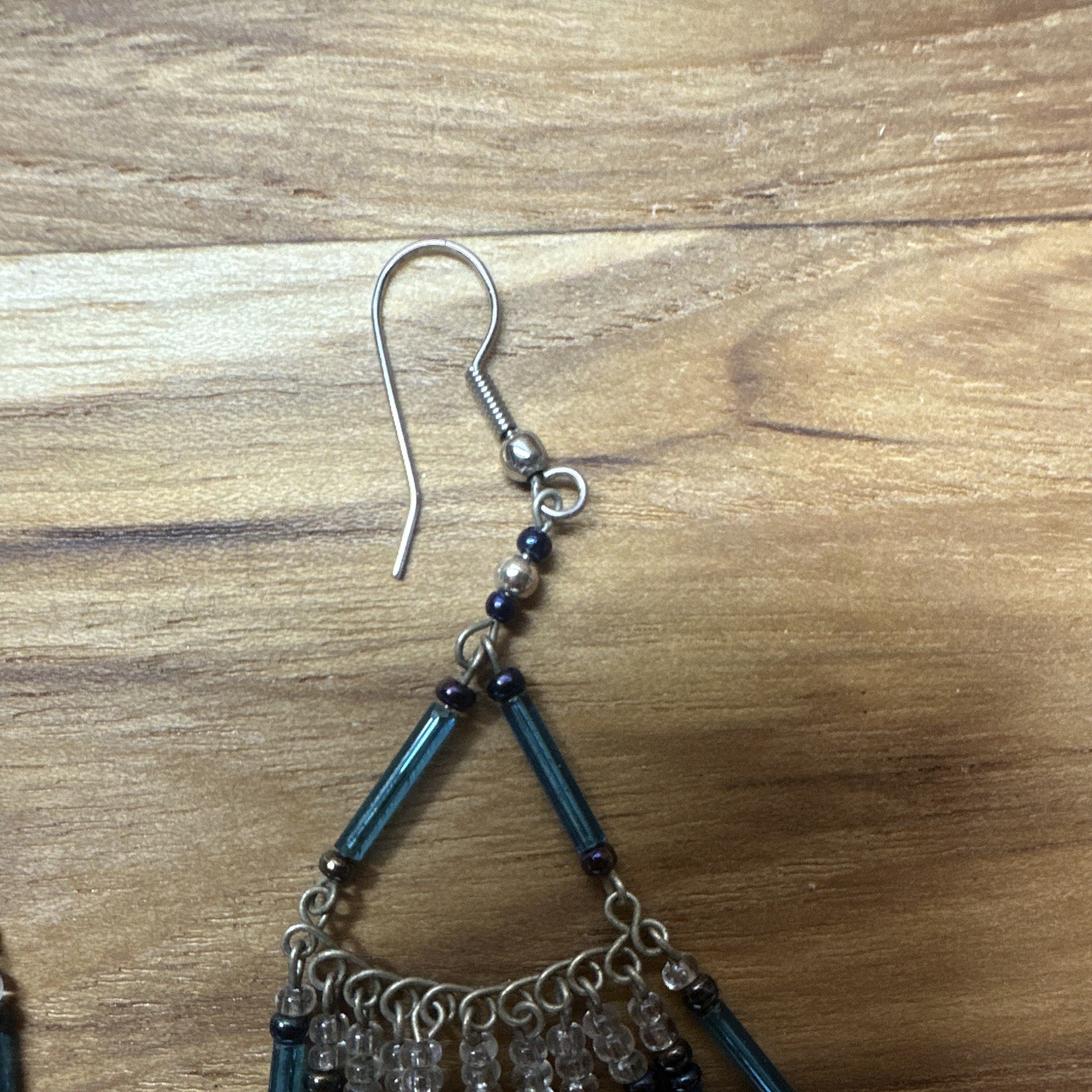 Handmade Blue Glass Tube Beaded Triangle Dangle Hook Earrings, Silver Tone