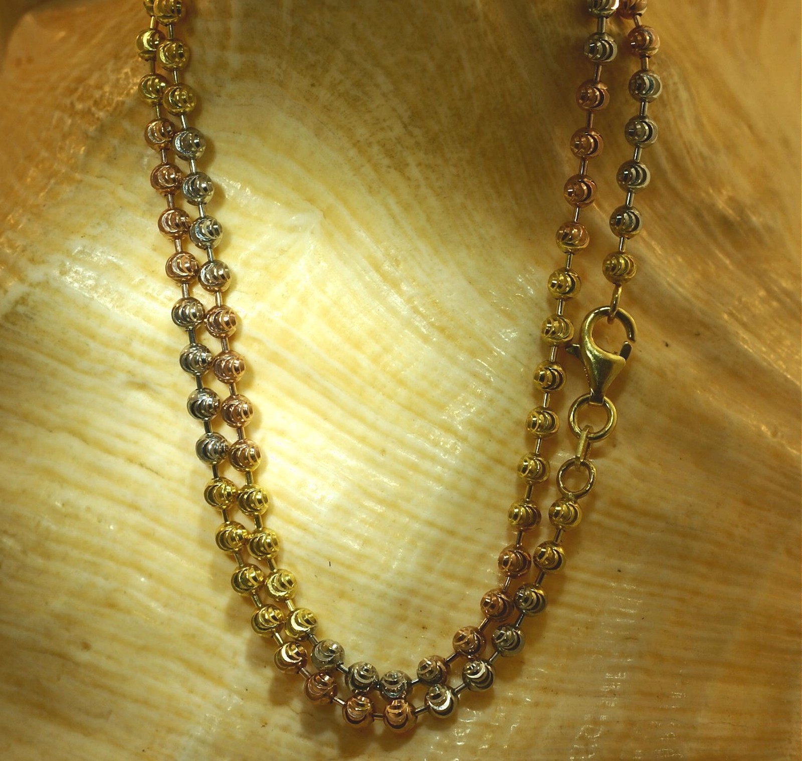 3MM ITALIAN TRICOLOR GOLD PLATED 925 SILVER SPARKLY DC BALL BEAD CHAIN NECKLACE