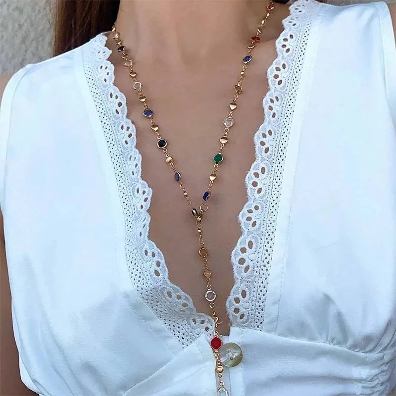 Luxury Heart Colourful Crystal Zircon Necklace for Women Shiny Rhinestone Long T