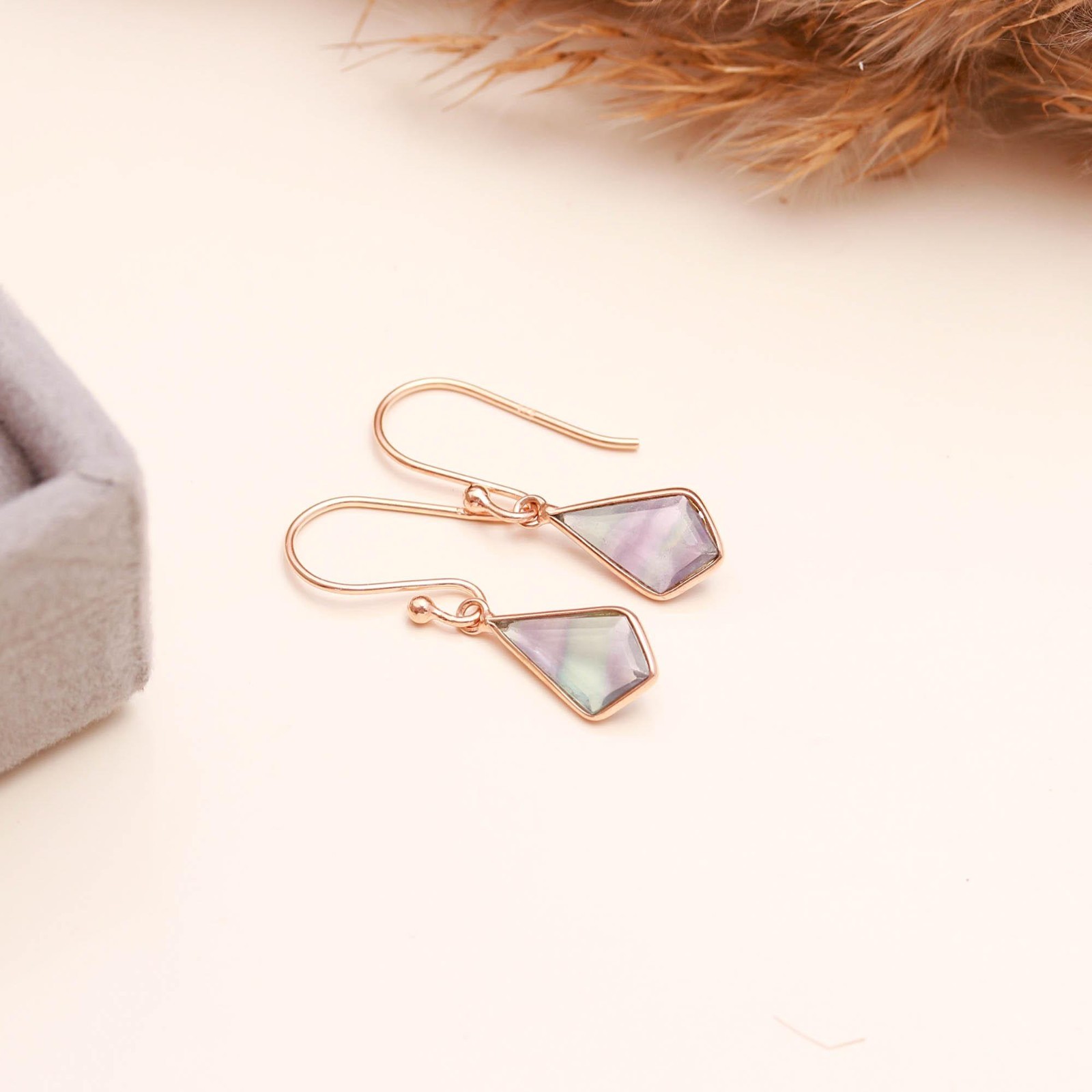 Natural Fluorite Kite Dangle Earrings Rose Gold Fill 925 Sterling Silver Jewelry