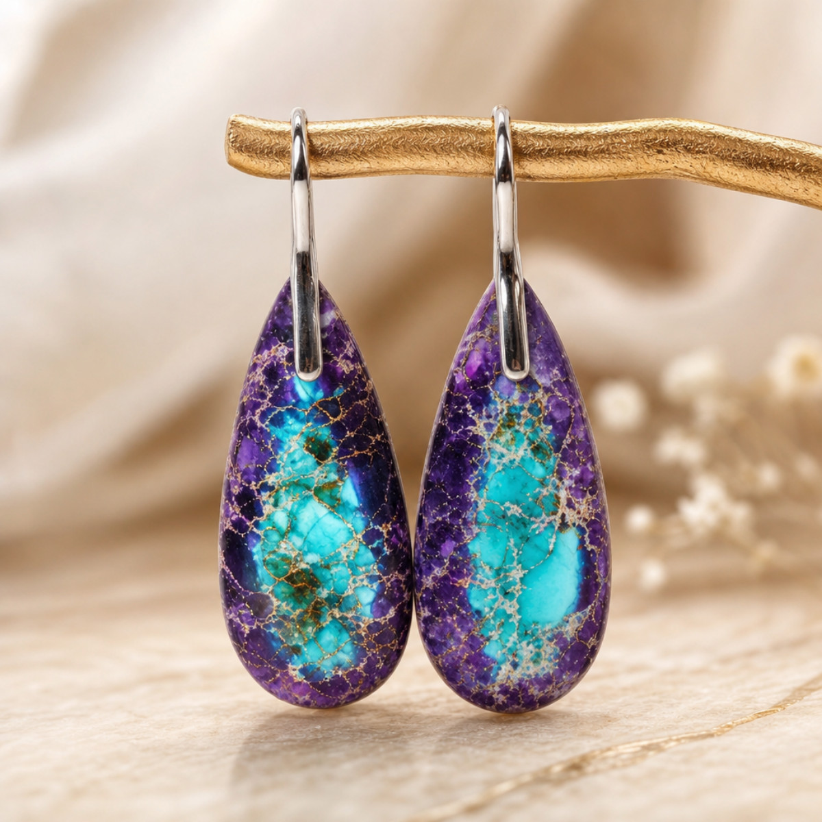 Purple Sea Sediment Jasper Teardrop Dangle Earrings Healing Boho Womens Gift