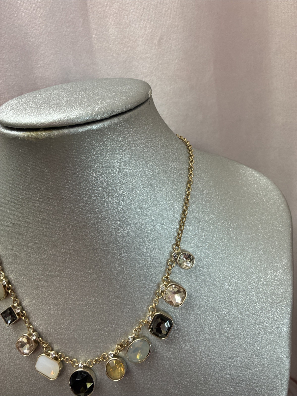 New Gold Tone & Multicolor Glass Rhinestone Necklace 18”+ Very Good Condition
