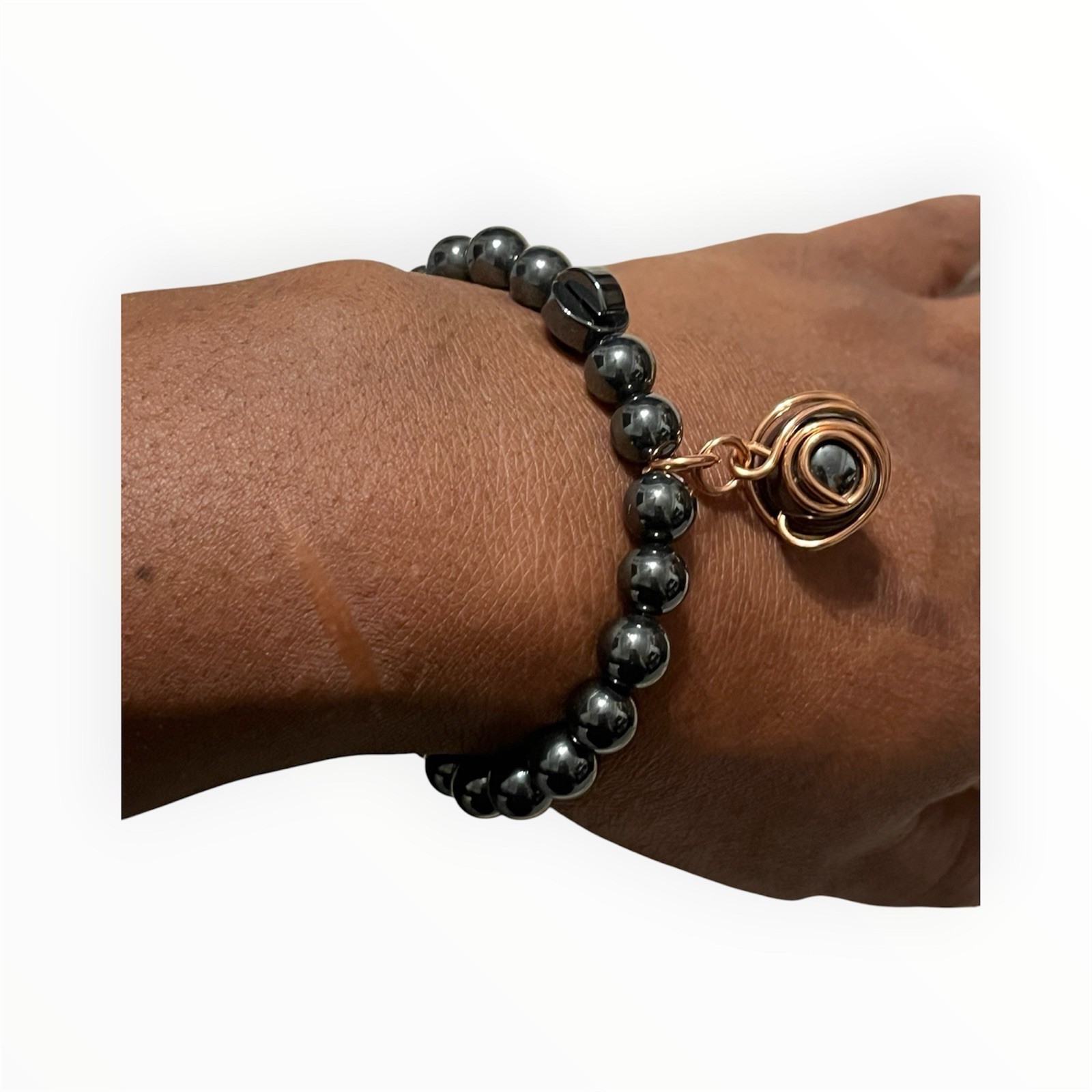 Black Hematite Round Stone Bead Bracelet /Copper Wire-Wrapped Dangle Bracelet
