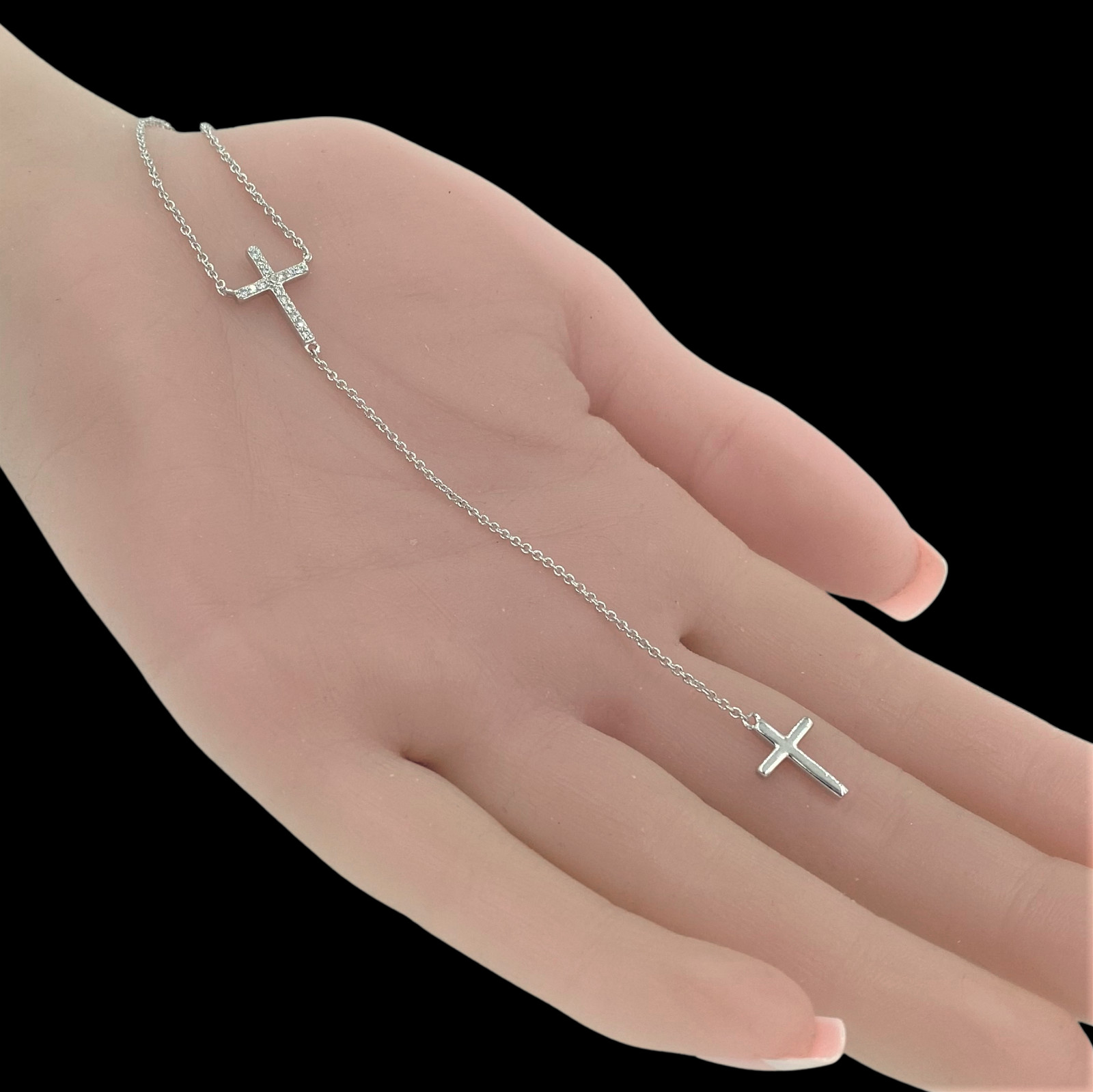 Two Cross with CZ Stones Drop Necklace White Gold NEW LOWEST PRICE