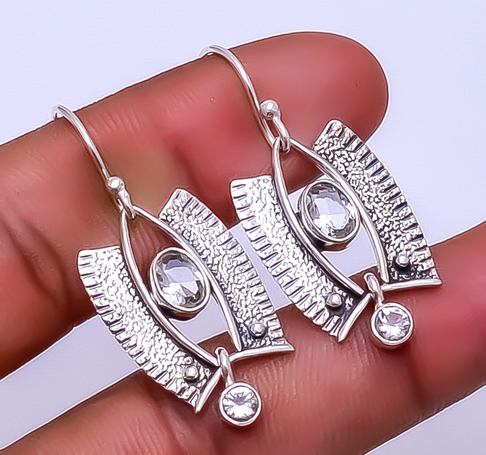 White Topaz Handmade 925 Sterling Silver Earring 1.56″ E32410341, Christmas Gift