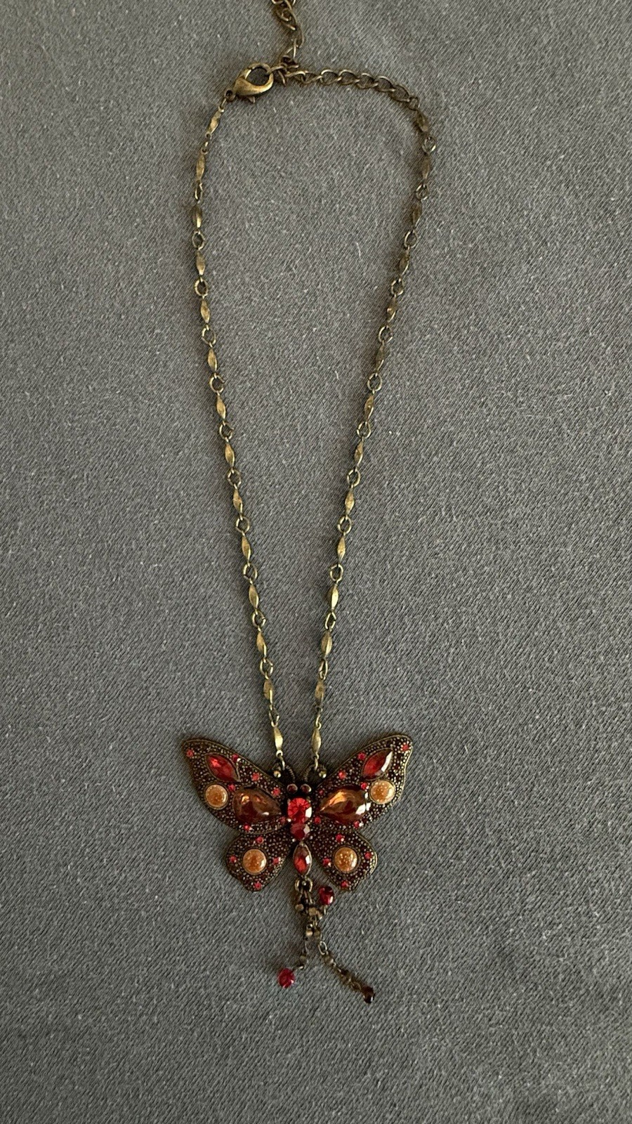 Wings Gold Tone Red Crystal Butterfly Charm Pendant Necklace Adjustable Signed