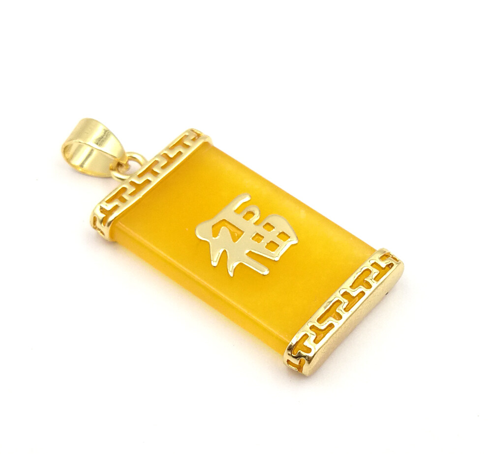 Green Multicolor Genuine Jade Blessing Fortune 18KGP Rectangle Pendant Necklace
