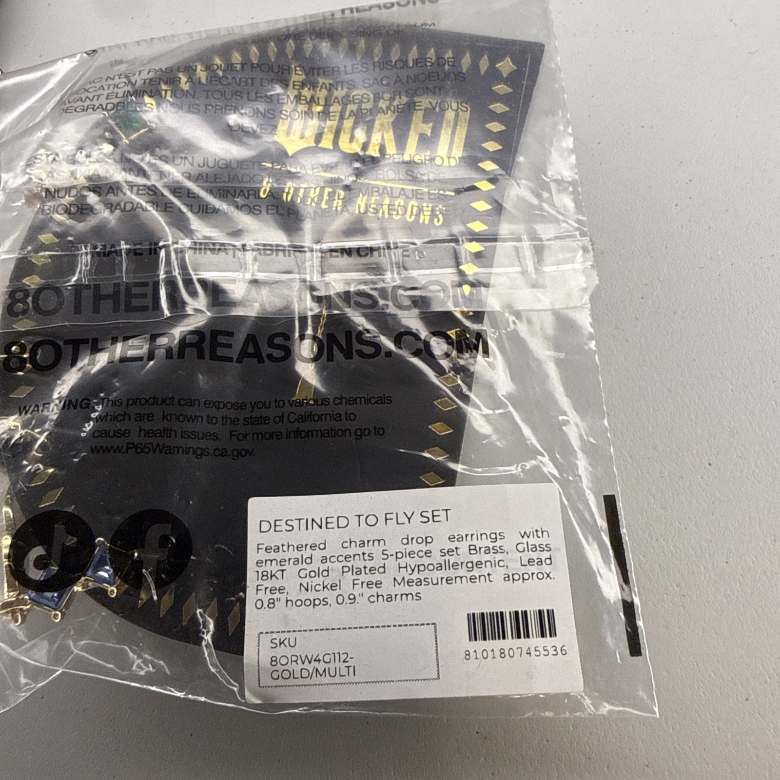 NEW Wicked X 8 Other Reasons Destined To Fly Earring Set 5 Pairs 18k Gold Plate