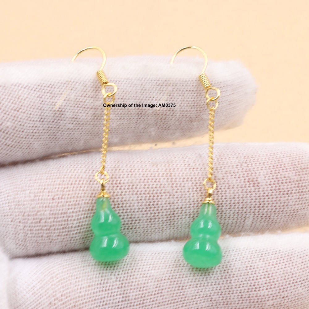 New Yellow Alloy Women’s Heated Green Jade Gourd Dangle Earrings Hook Earrings