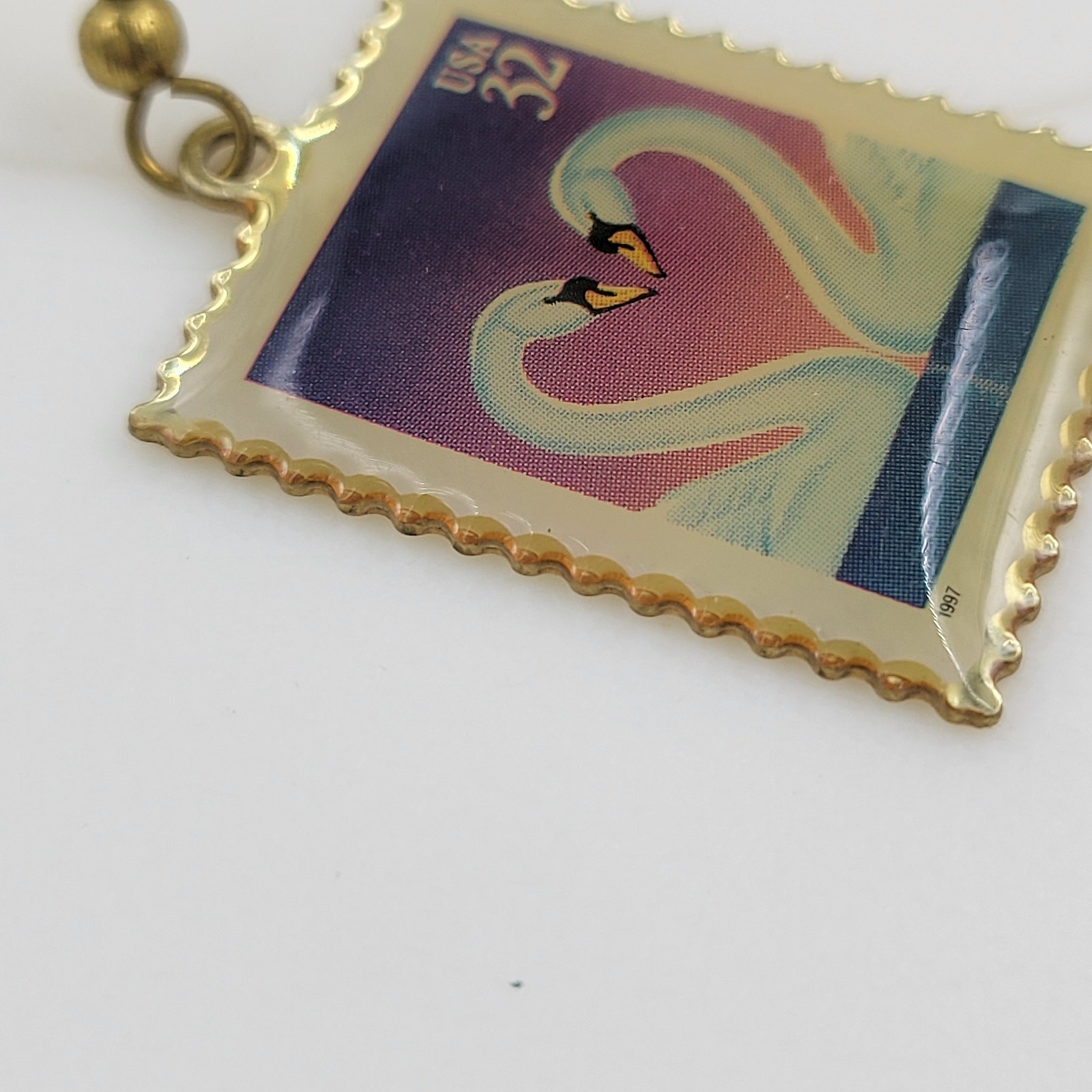 Swan Love 32 Cent Stamp Dangle Earrings Heart Gold Tone Postage Mail USA