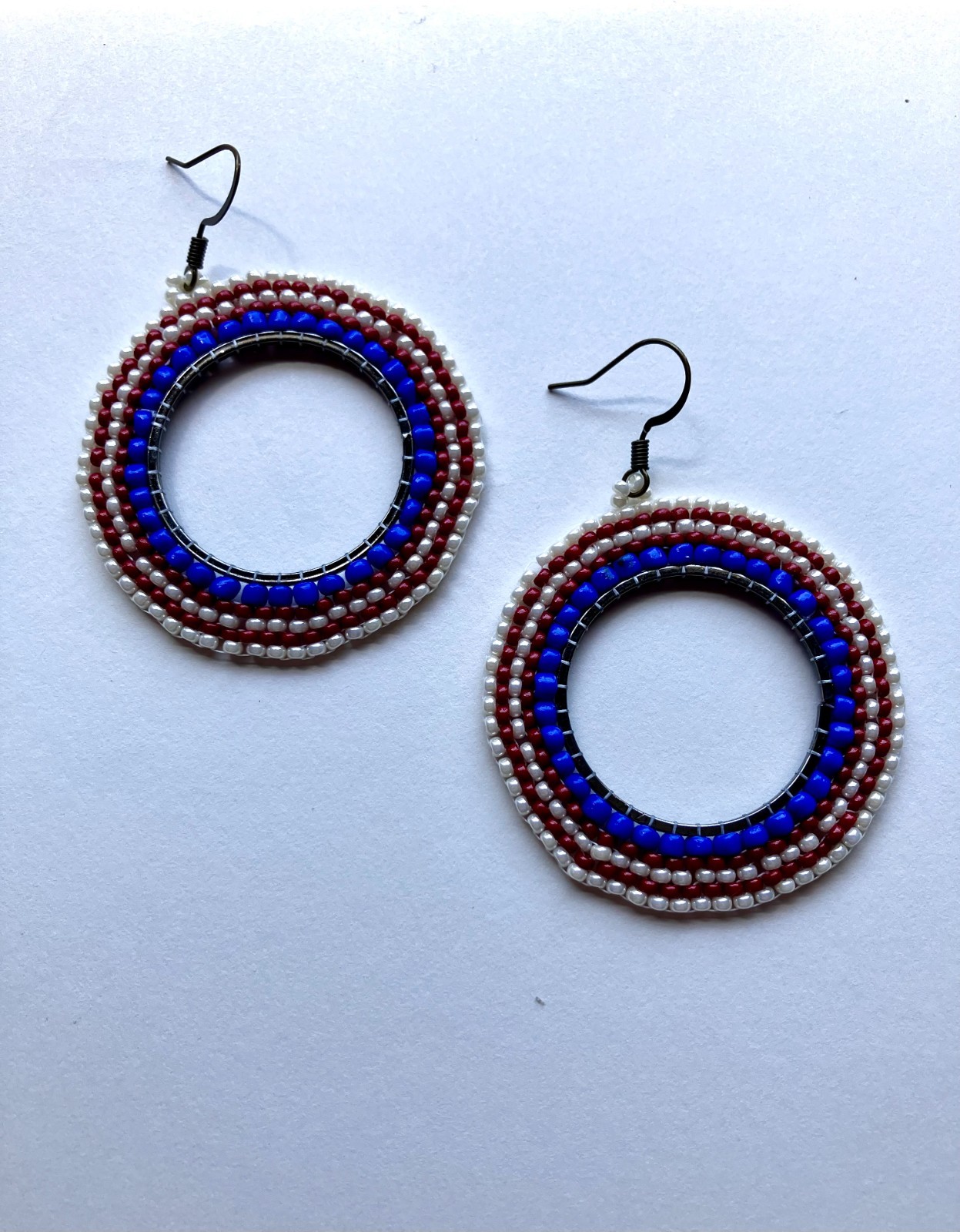 Red White and Blue Seed Bead Hoop Earrings