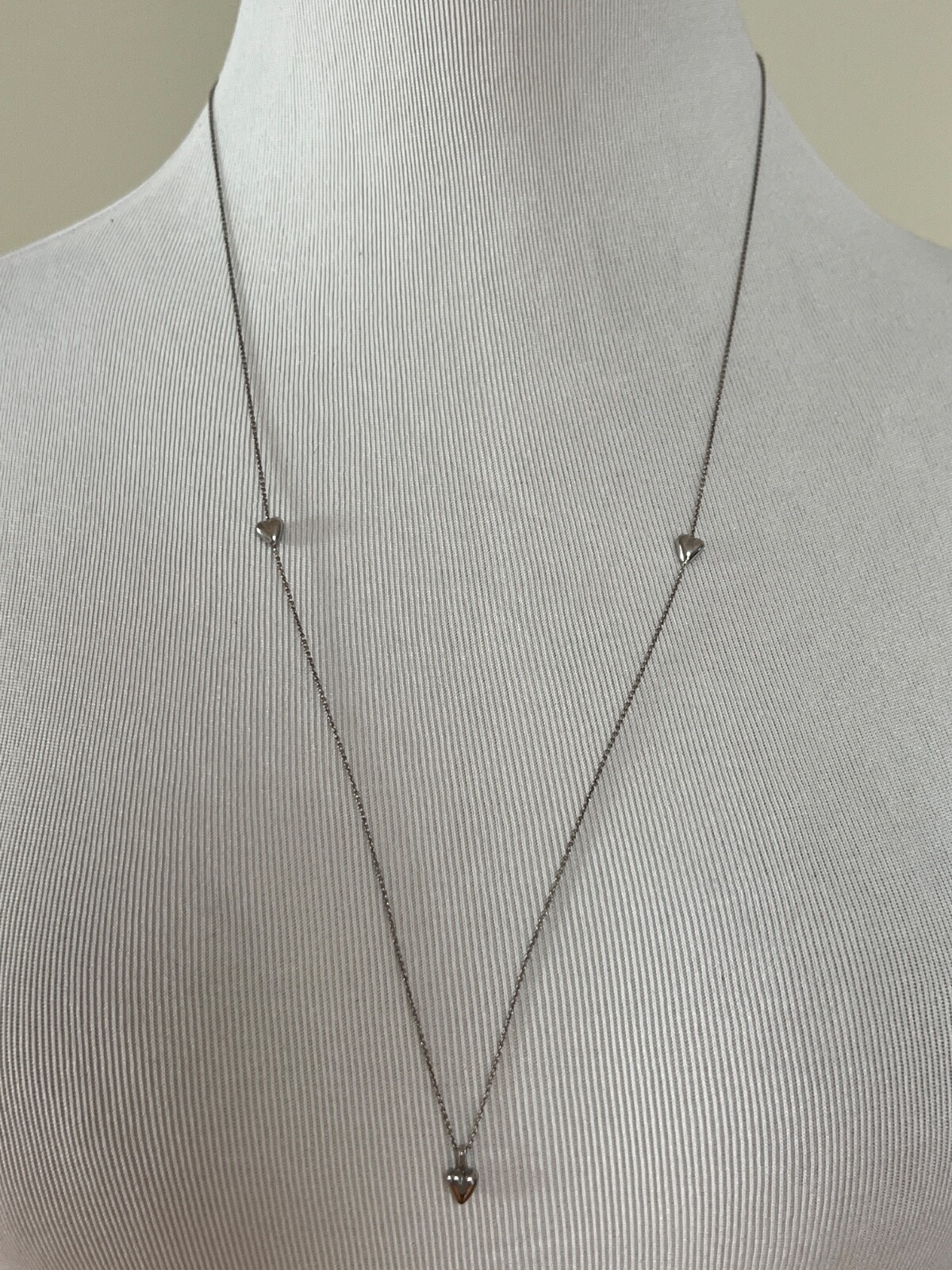 NWT Saint Laurent YSL Triple Heart Charm Silver Long Brass Chain Necklace $695