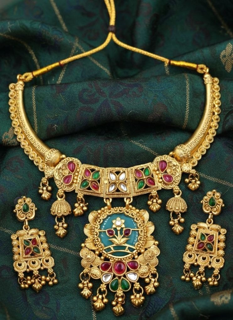 Indian Necklace Jewelry Bollywood Gold Heritage Bridal Earring Kundan Choker Set