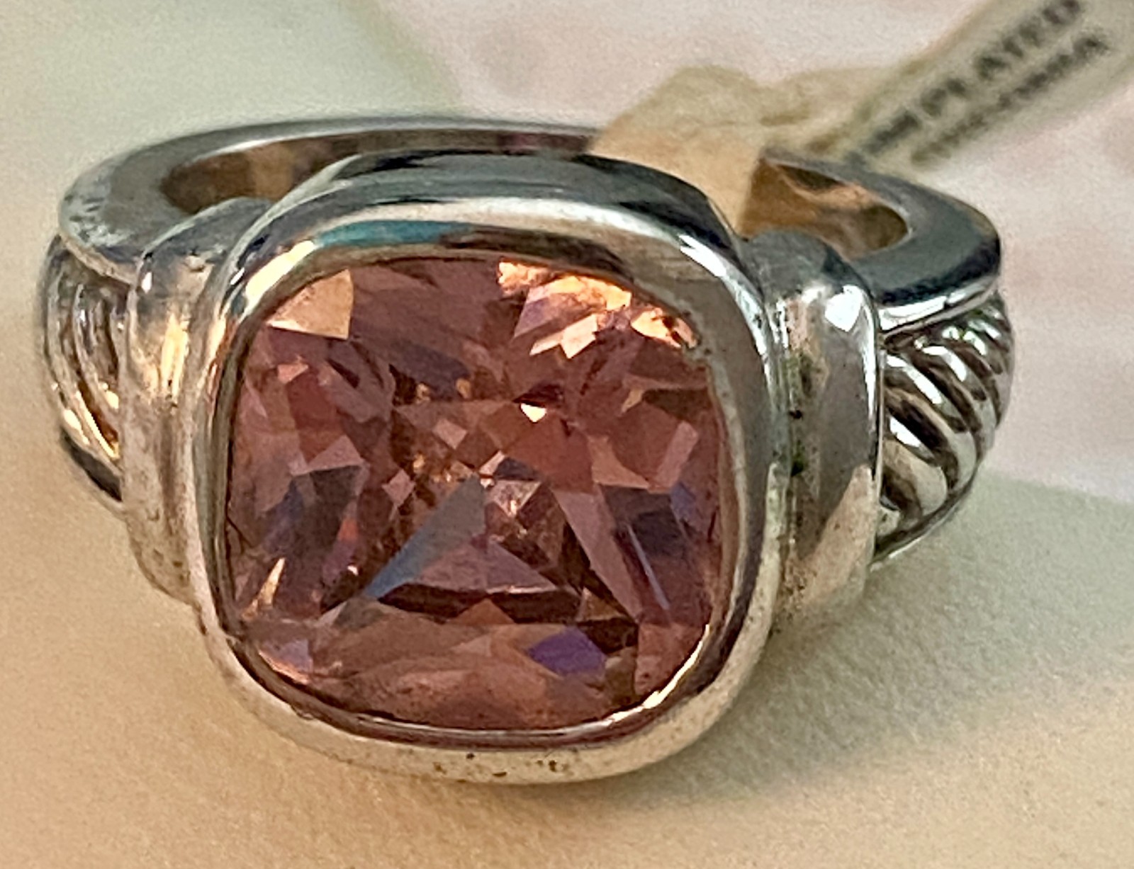Cushion Cut Pink Stone Designer Style Cable Band Fashion Ring Rhodium Plated Sz5