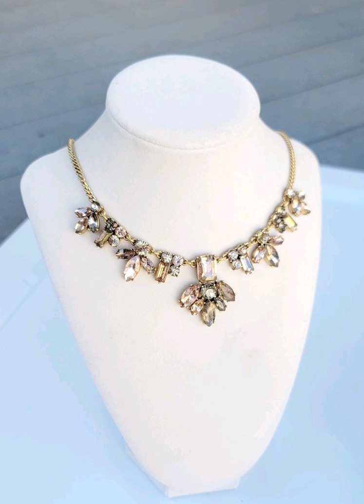 J.Crew Crystal Statement Necklace Smoky Gray Crystals Gold-tone Chain Signed
