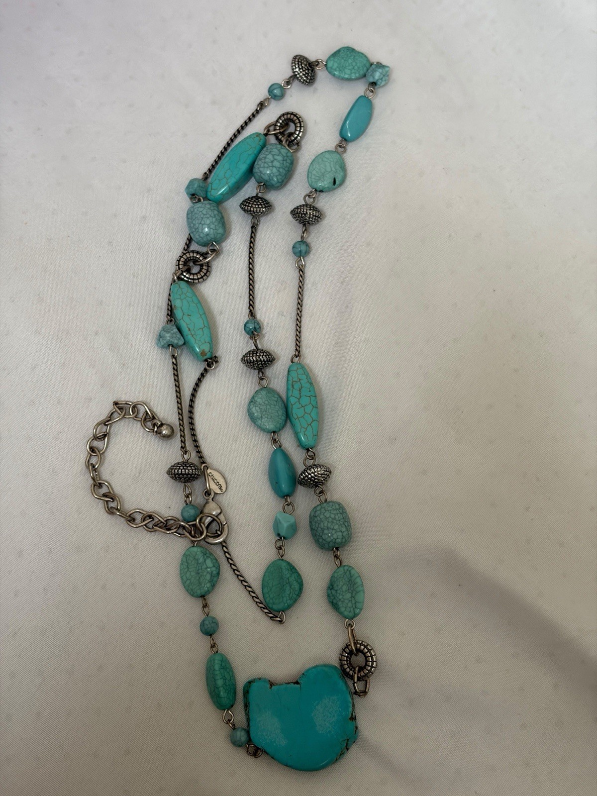 Chico’s Turquoise Baroque Stone Beaded Statement Necklace Lobster Clasp, 18 in