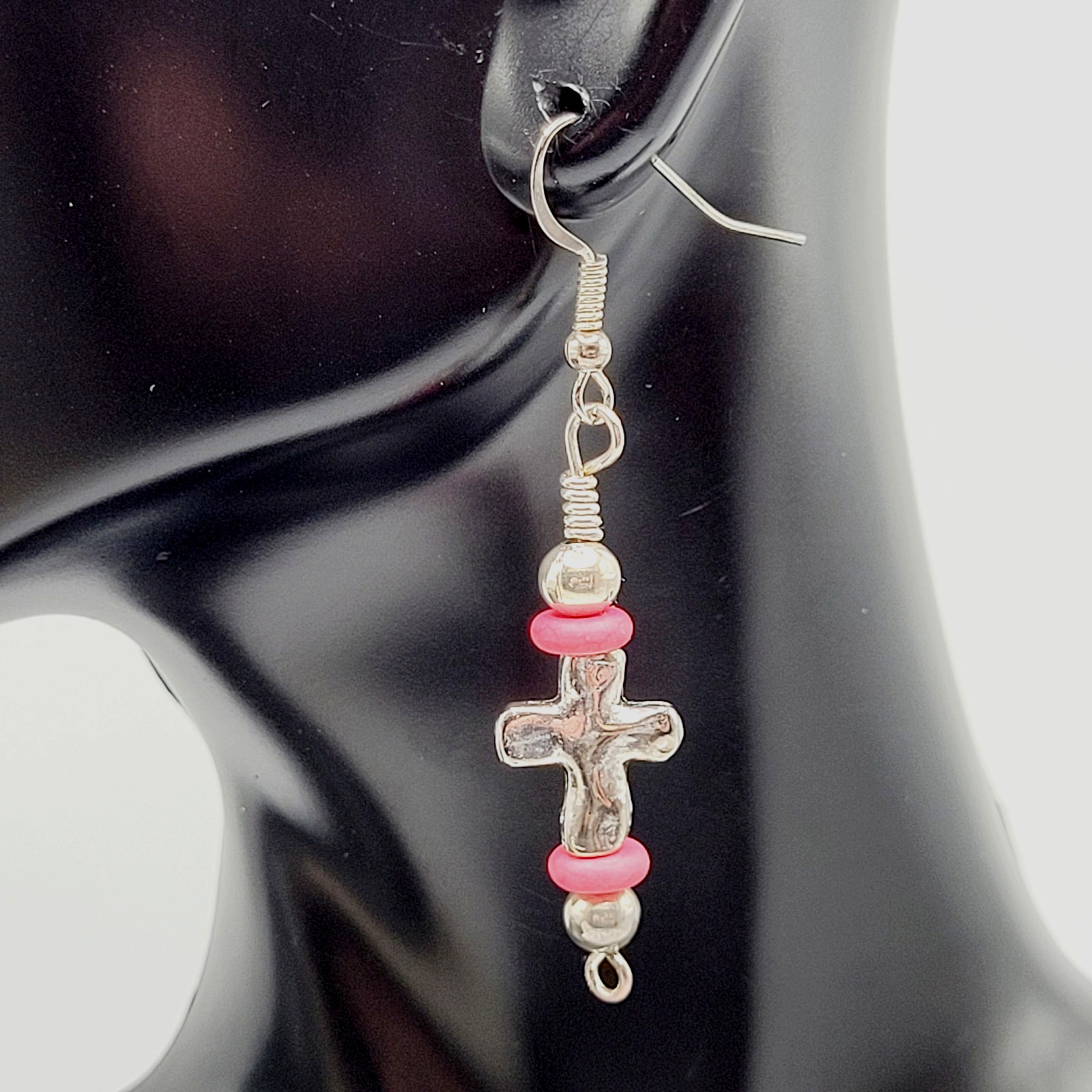 Southwestern Silver Tone Cross w Pink Ceramic Bead Metal Hook Pierced Earrings