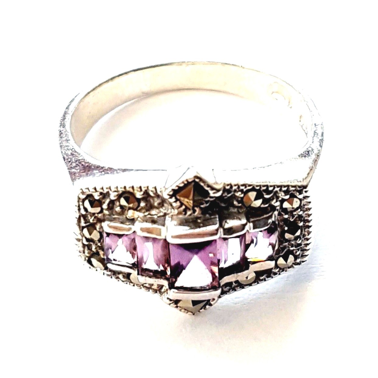 (SIZES 6,7,8,9) AMETHYST Stones RING Marcasite .925 STERLING SILVER