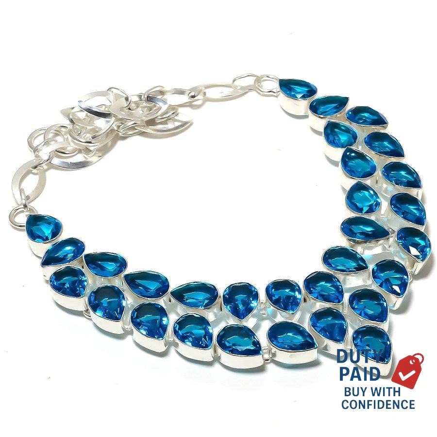 Silver Plated Genuine Blue Topaz Hook Chain Channel Set Wedding Necklace Jewelry