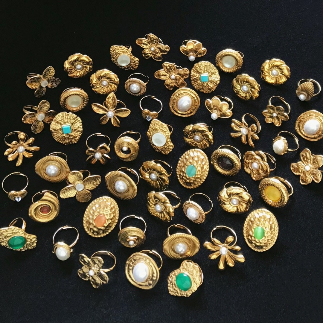 Bulk Lot 20pc Mix Gold 3D Flower Pearl Stone Stainless Steel Rings Women Jewelry