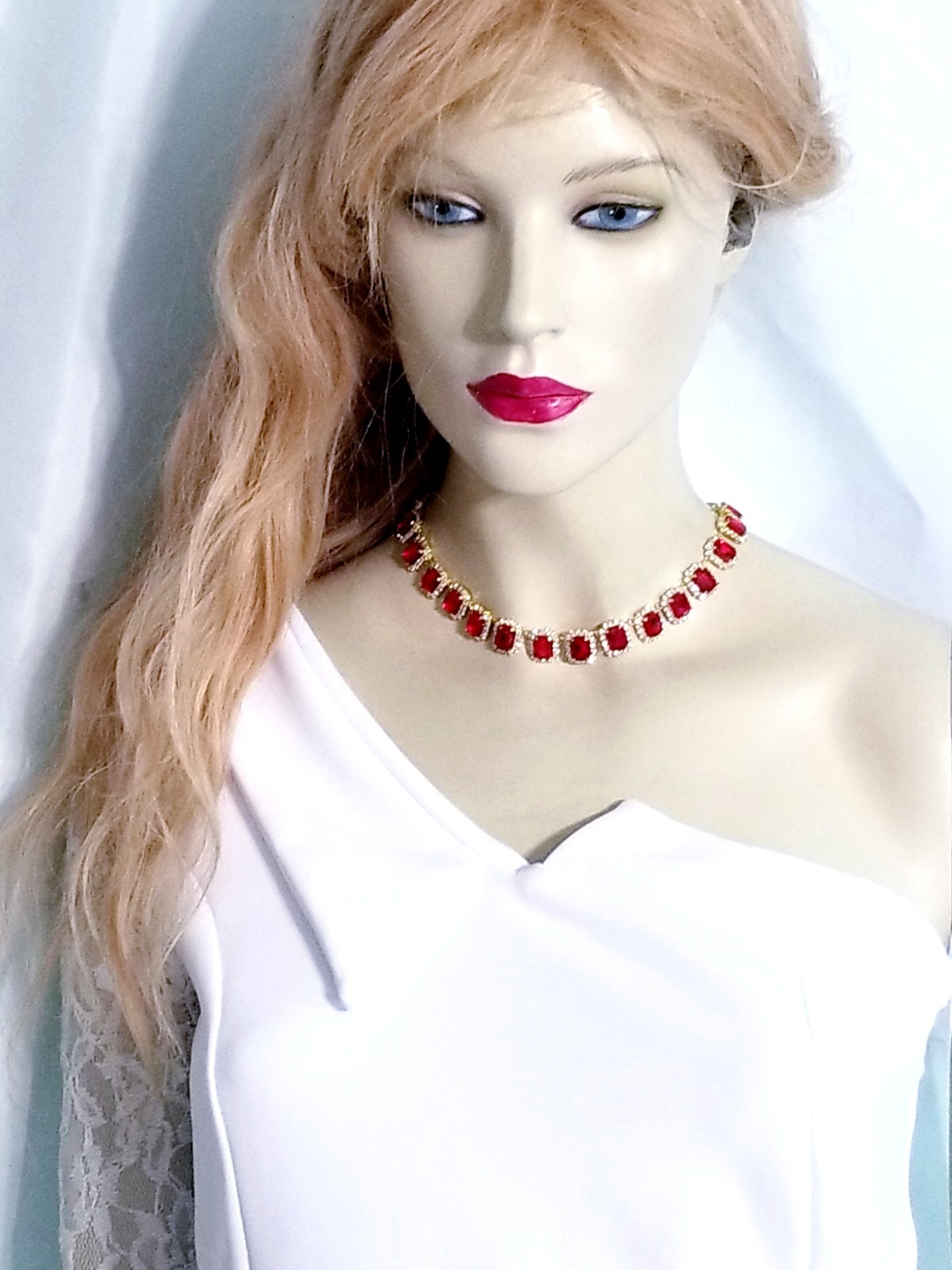 Red Statement Choker Rhinestone Necklace Bridal Prom Pageant Jewelry