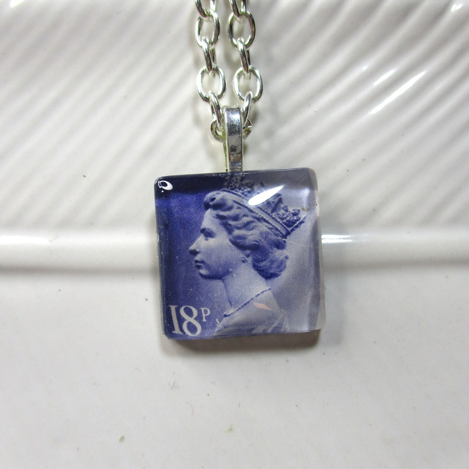 Handmade Authentic Postmarked Queen Elizabeth Postage Stamp Glass Tile Necklace