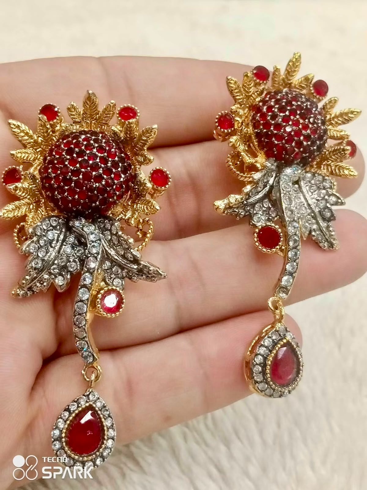 Pakistani Gold Plated Red Crystal Bridal Earrings Flower Dangle Wedding Jewelry