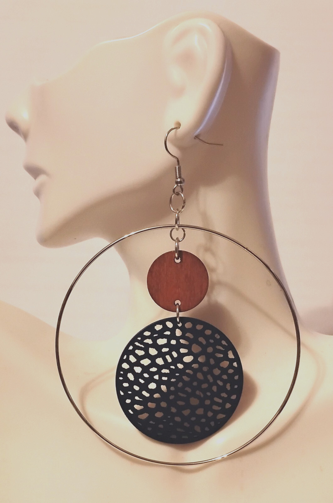 Boho Blue Wood & Metal Hoop 3.25″ Earrings, Rhodium-Plated Hook Bohemian Drop