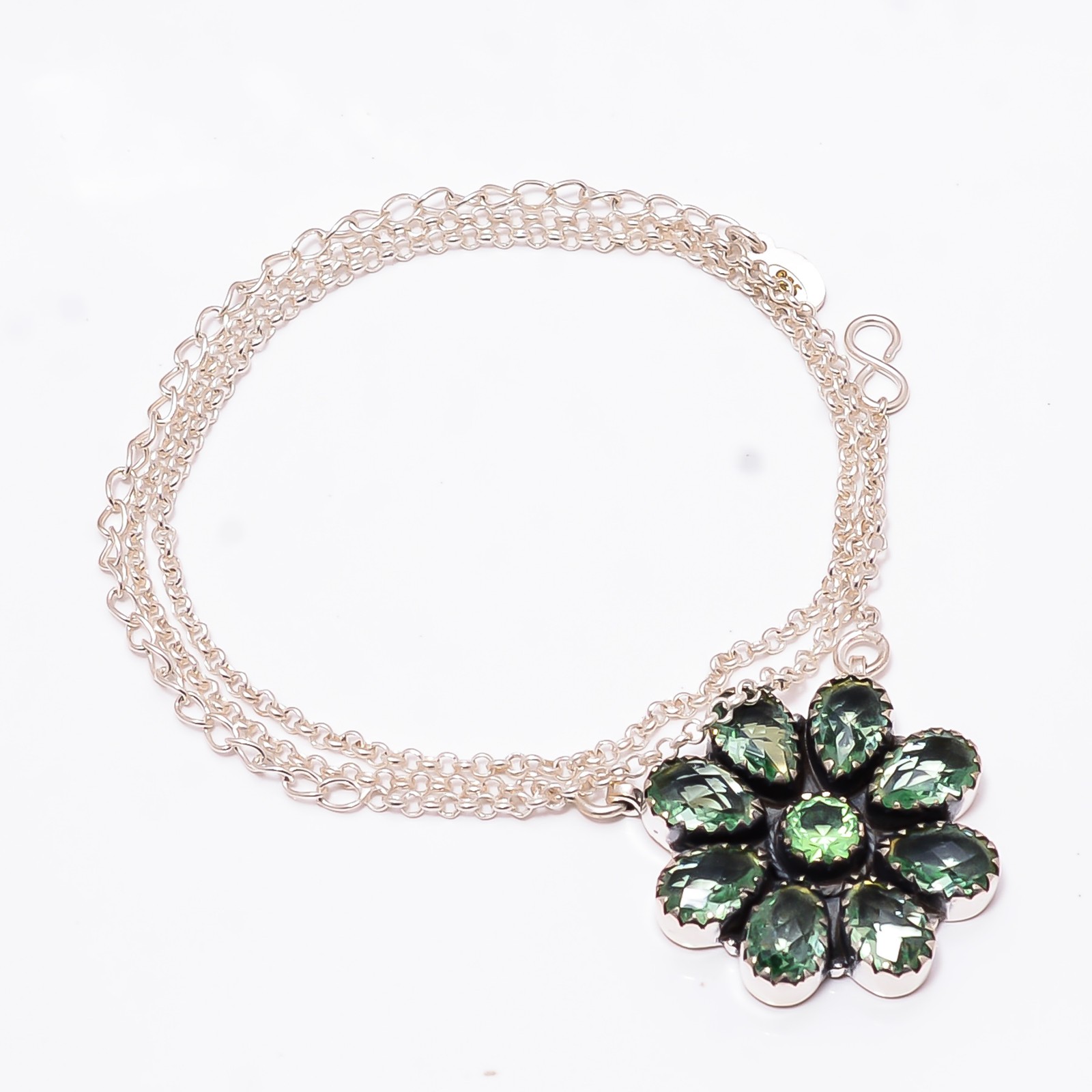 Green Amethyst 925 Sterling Silver Cluster Flower Necklace 19-23″ Cp10957124629