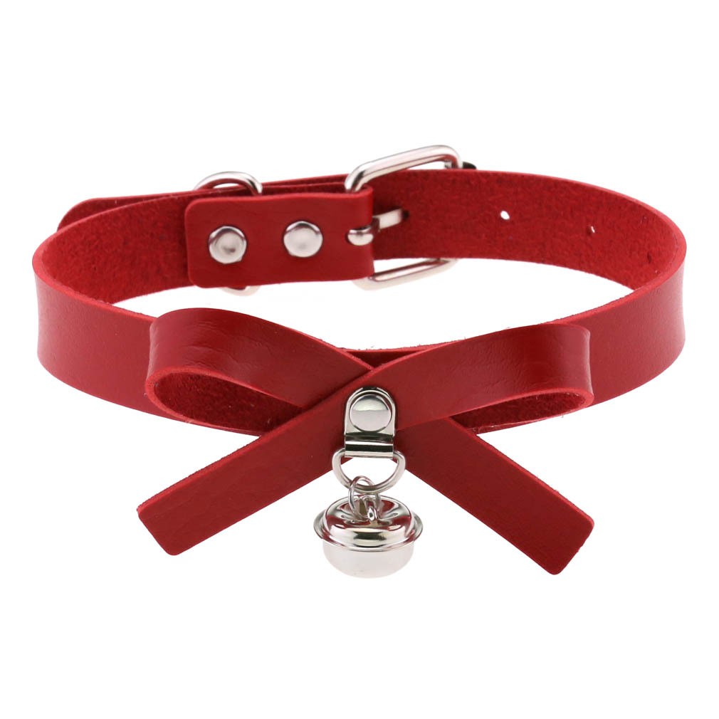 Gothic Punk Leather Choker Collar with Bowknot Bell Buckled Necklace Club Party
