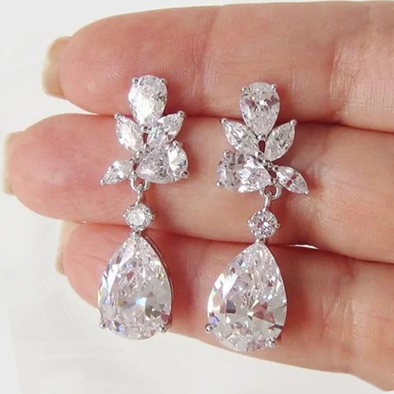 Crystal Drop Earrings Cubic Zirconia Silver Color Trendy Fashion Jewelry