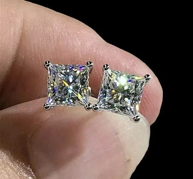 2Ct Princess-Cut Lab Created Stud Earrings 14k White Gold Plated 6mm Push Back