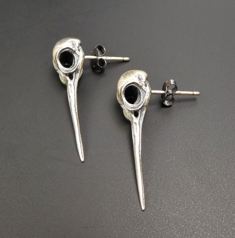 Handmade 925 Sterling Silver Hummingbird Skull Stud Post Earrings Unique Gothic