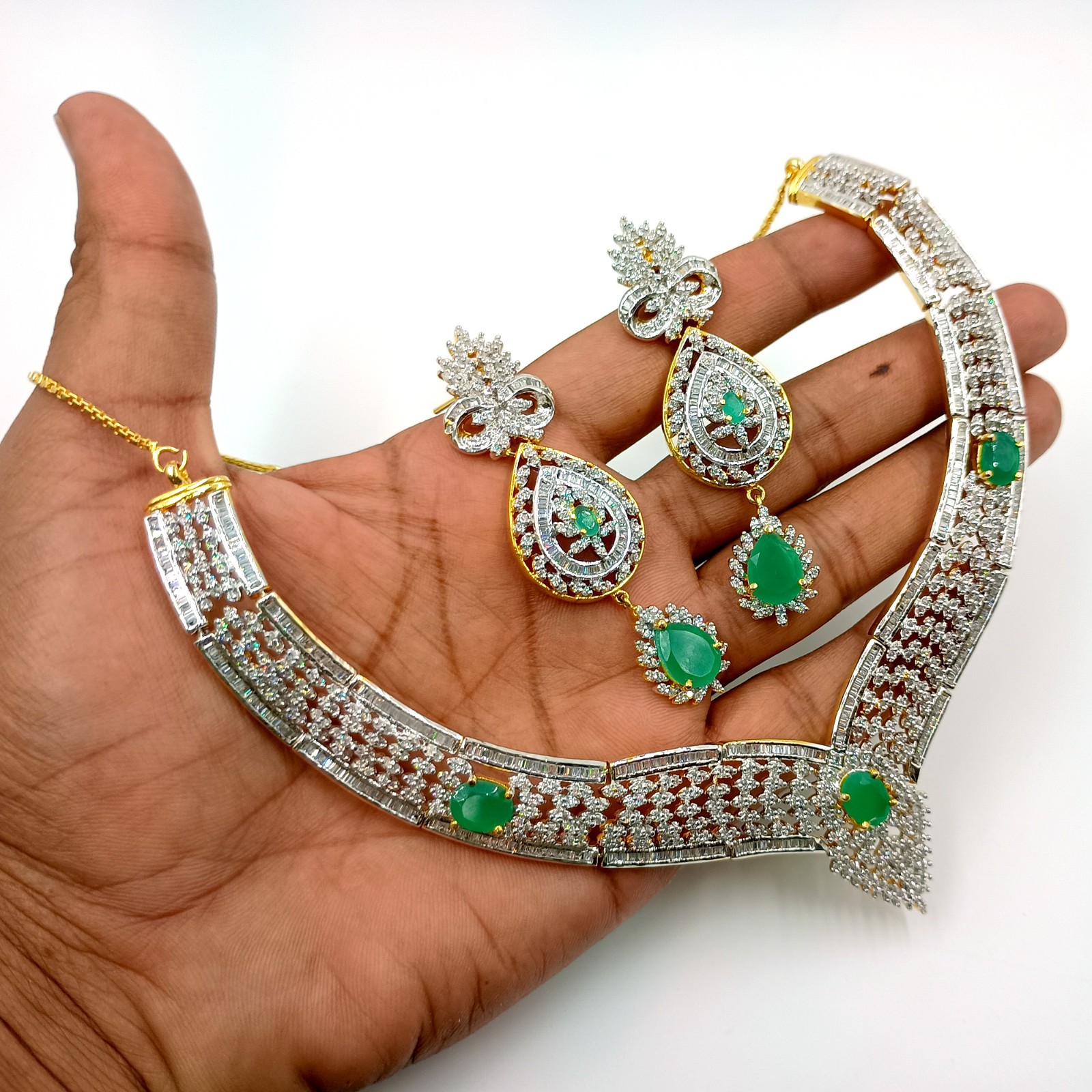 Emerald CZ Diamond Choker Necklace Set 22k Gold Plated South Indian Handmade