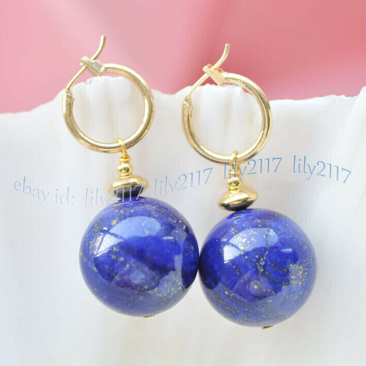 Natural Blue Lapis Lazuli Round Gemstone Beads Dangle Gold Leverback Earrings