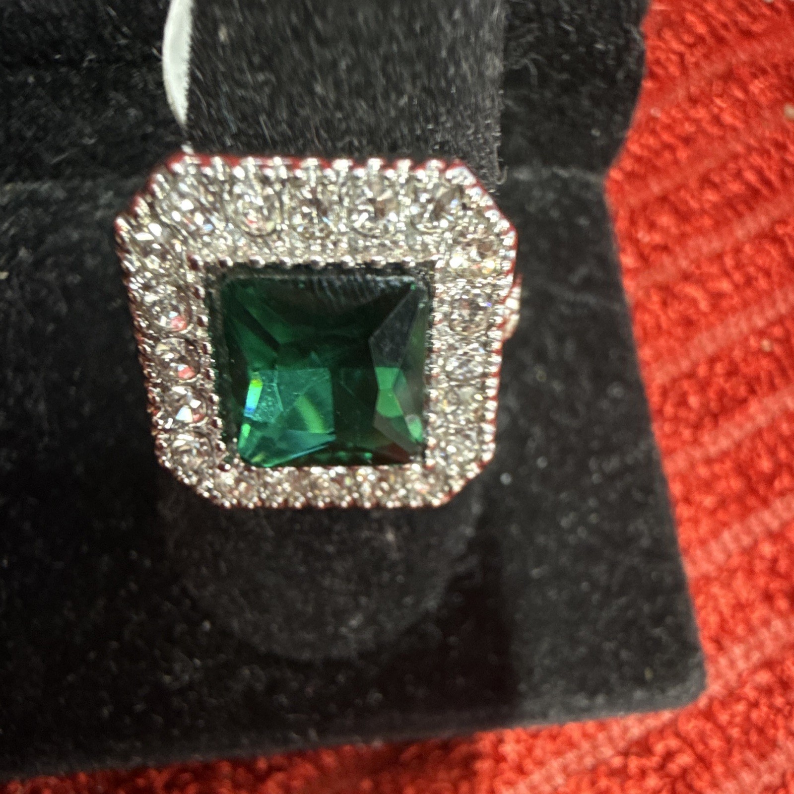 Square Green Crystal Halo Cocktail Ring Silver Tone Metal Size 9 US