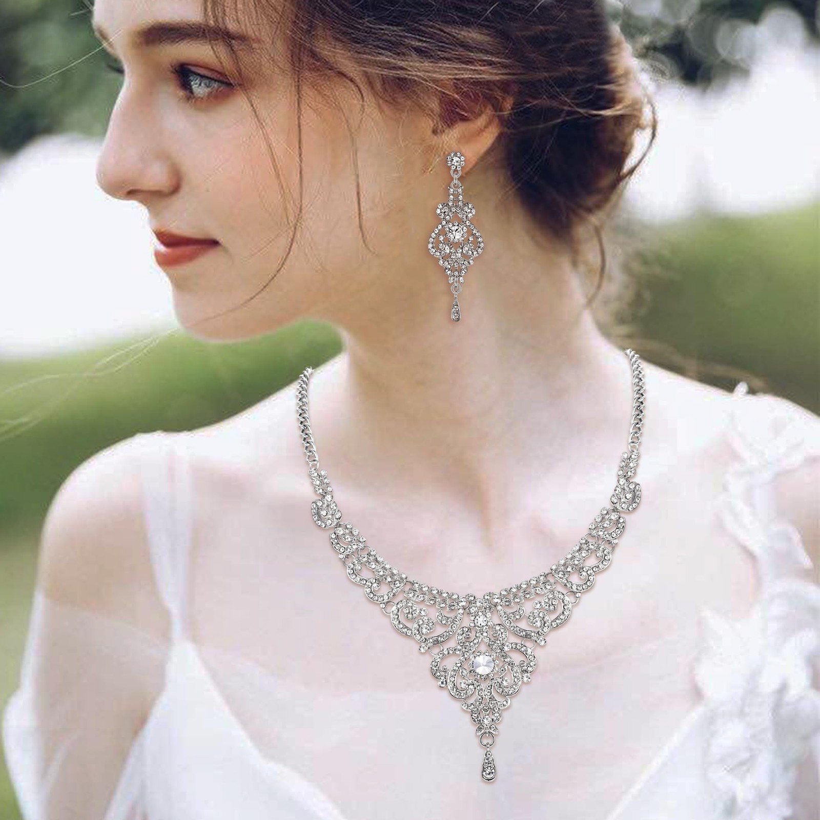 Bridal Silver-Tone Vase Flower Clear Austrian Crystal Necklace Earrings Set