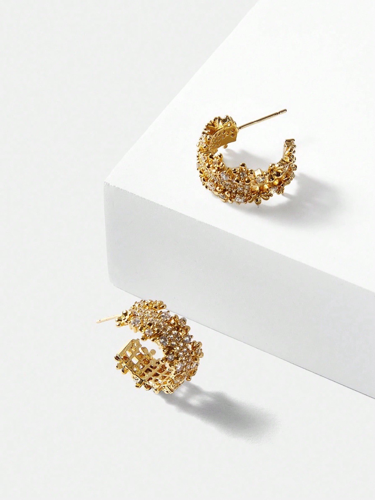 Anthropologie Filigree Hoop Flower Earrings Lattice Crystal Stud Gold CZ Boho