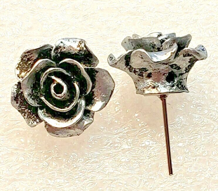 Rose Flower Bloom Antique Silver Color Acrylic Post Style Earrings Jewelry