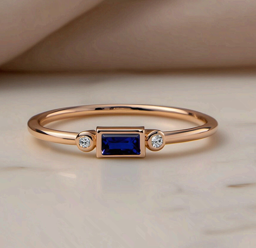 Rose Gold Copper Minimalist Ring Blue Cubic Zirconia Baguette Band