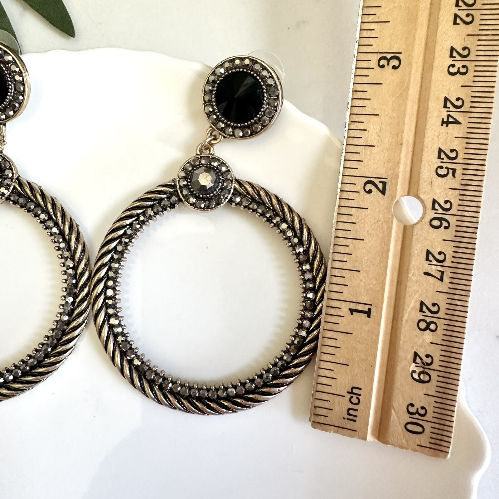 Art Deco Vintage Style Nouveau Gold Black Earrings Rhinestone Circle Hoop NEW