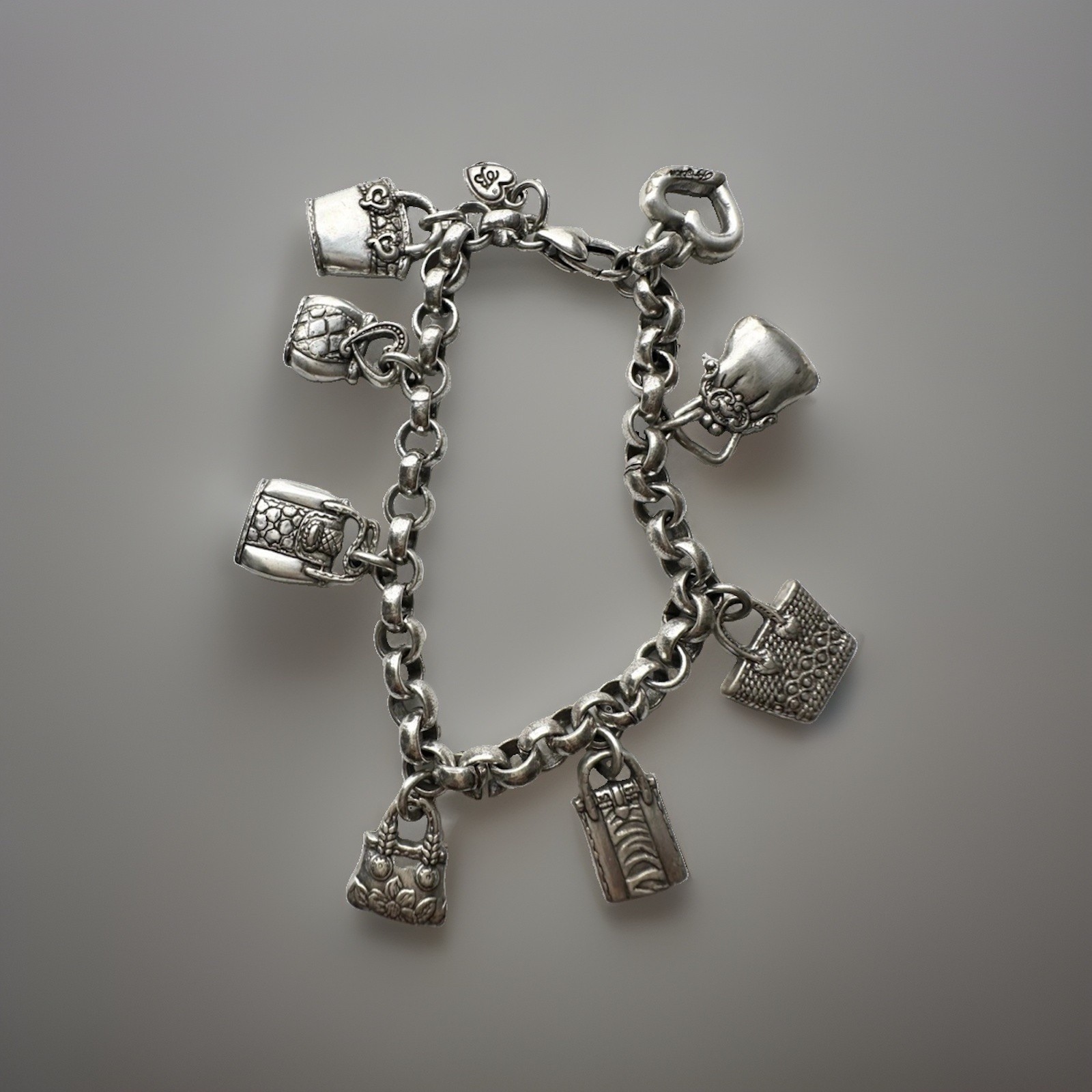 Brighton Silver Chain Charm Bracelet Purse/Handbag & Heart Dangle Charms