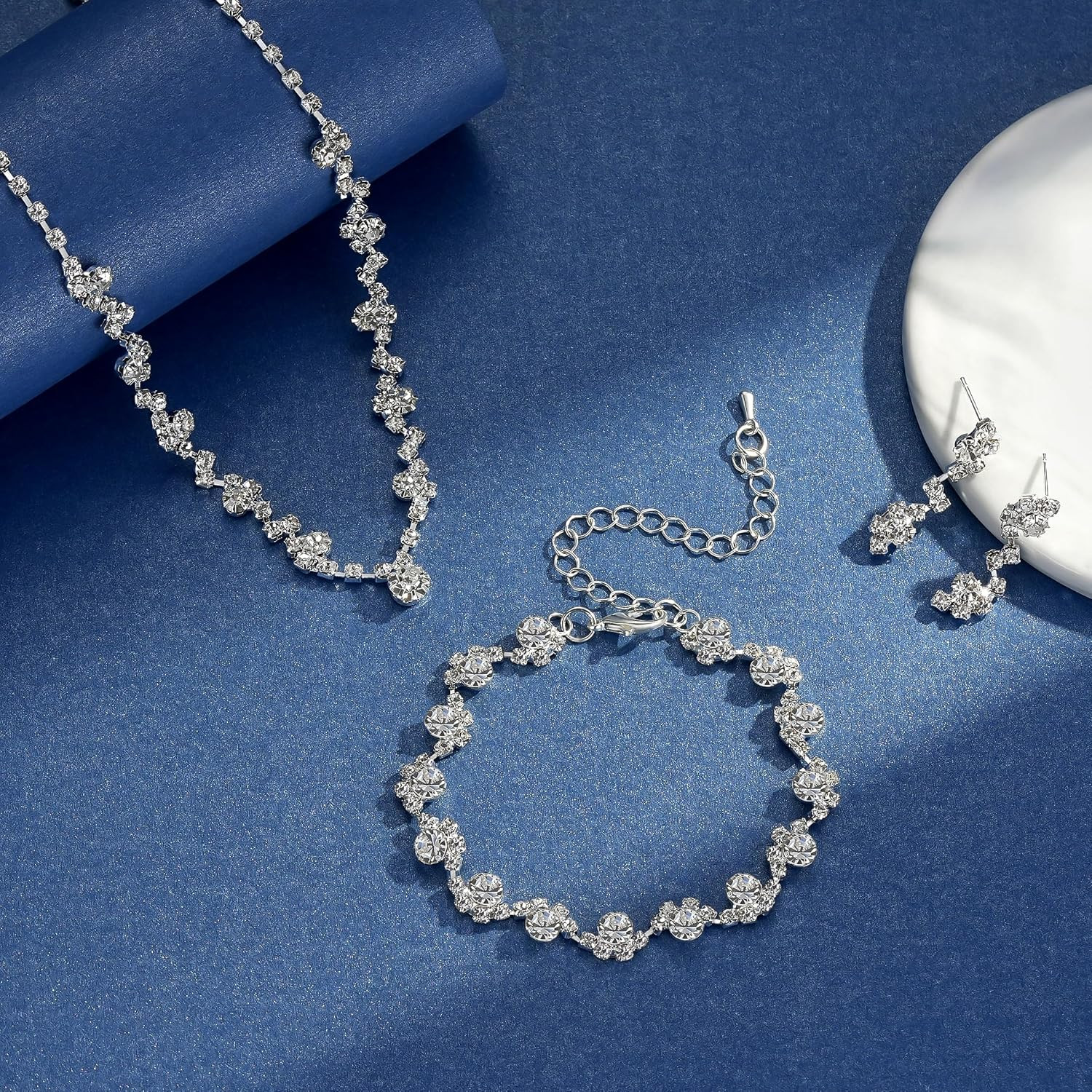 3PCS Silver Wedding Jewelry Set for Women Brides Rhinestone Necklace Earrings Br